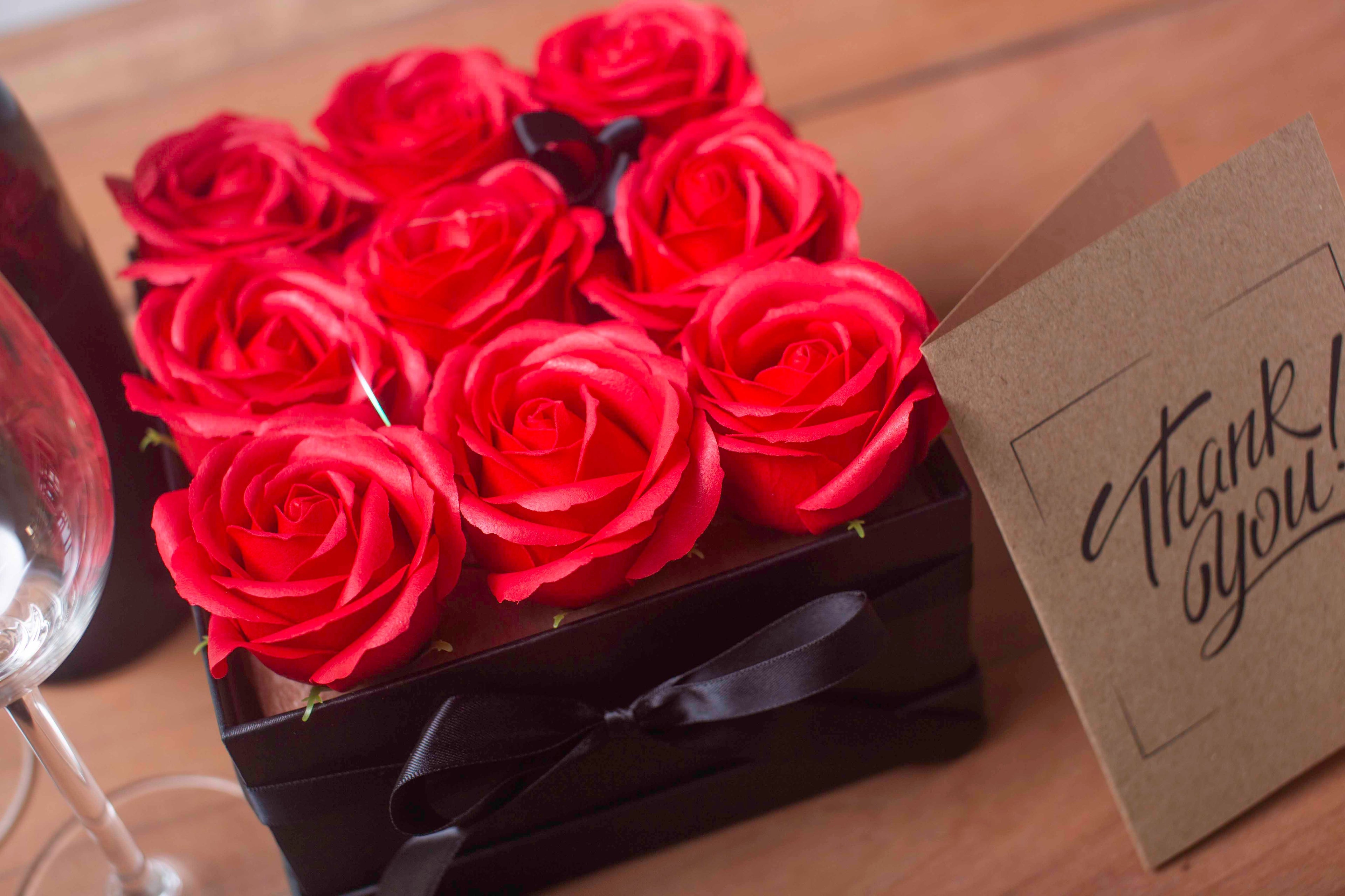 Soap Flower Gift Bouquet - 9 Red Roses - Square